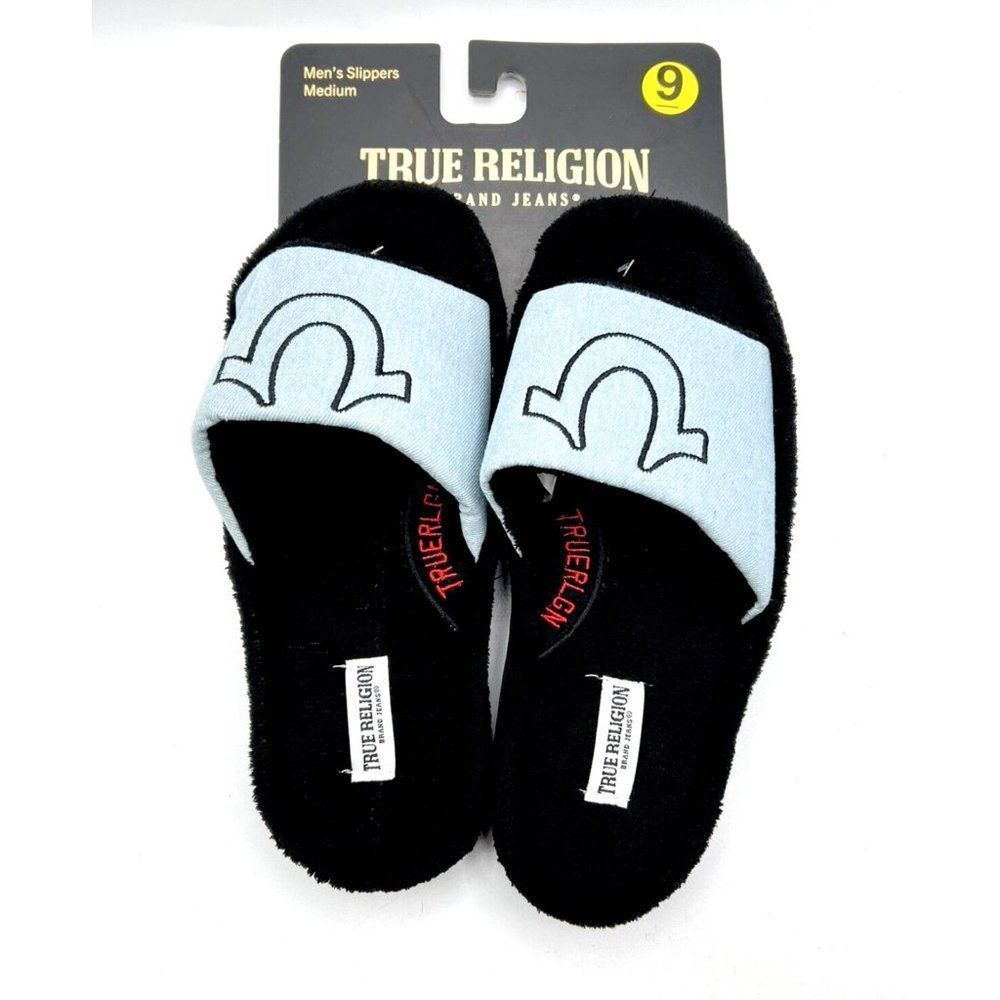 True Religion Blue Plush Indoor Outdoor Slippers Slides Men's Medium - XL New